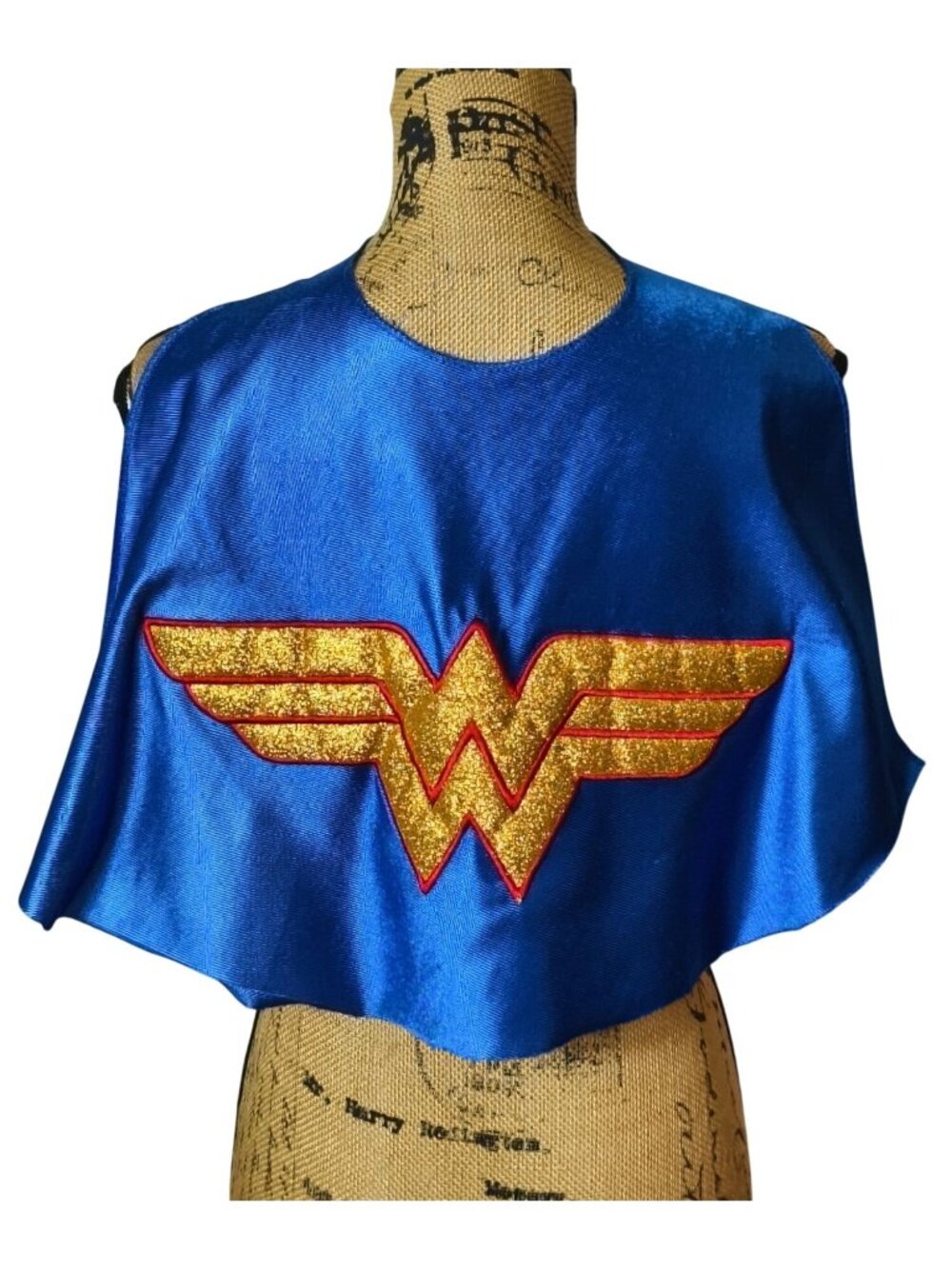 VTG Wonder Woman Blue Satin Cape Glitter Gold Emblem Superhero Costume Rare HTF